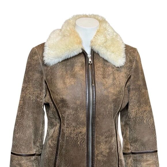 Express vintage Y2K brown leather faux fur lined zip up jacket size 8 - Picture 2 of 13